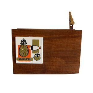 Mid Century Modern Wood Recipe Holder with Alligator Clip Pineapple Fish Berry